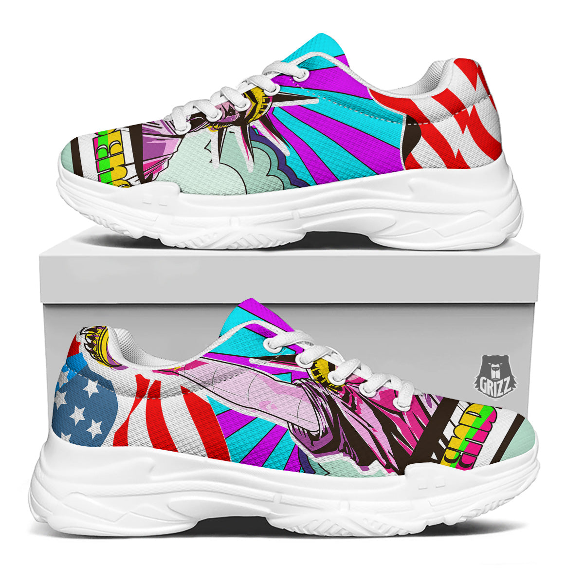 Psychedelic USA Statue of Liberty Independence Day Print White Chunky Shoes-grizzshop