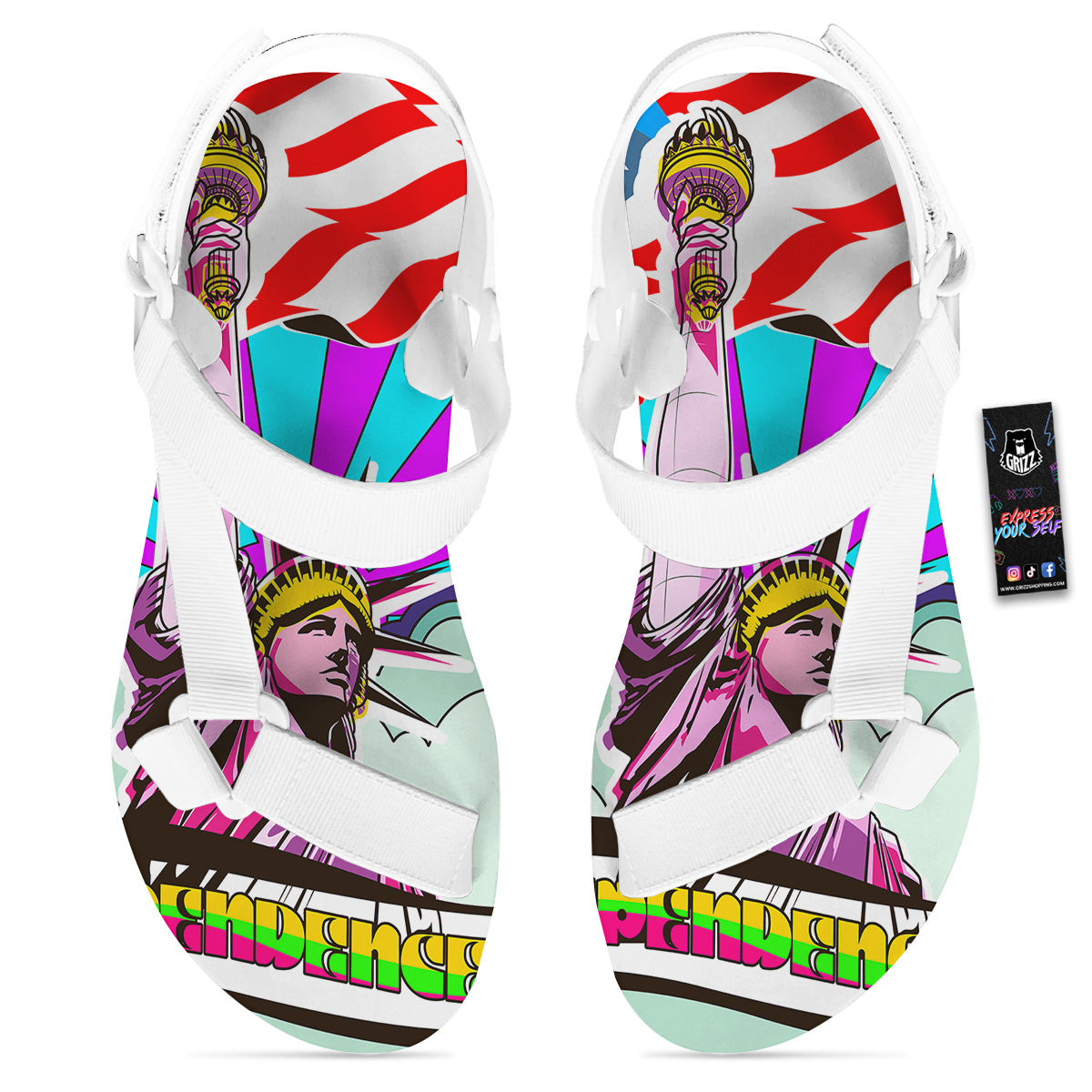 Psychedelic USA Statue of Liberty Independence Day Print White Open Toe Sandals-grizzshop