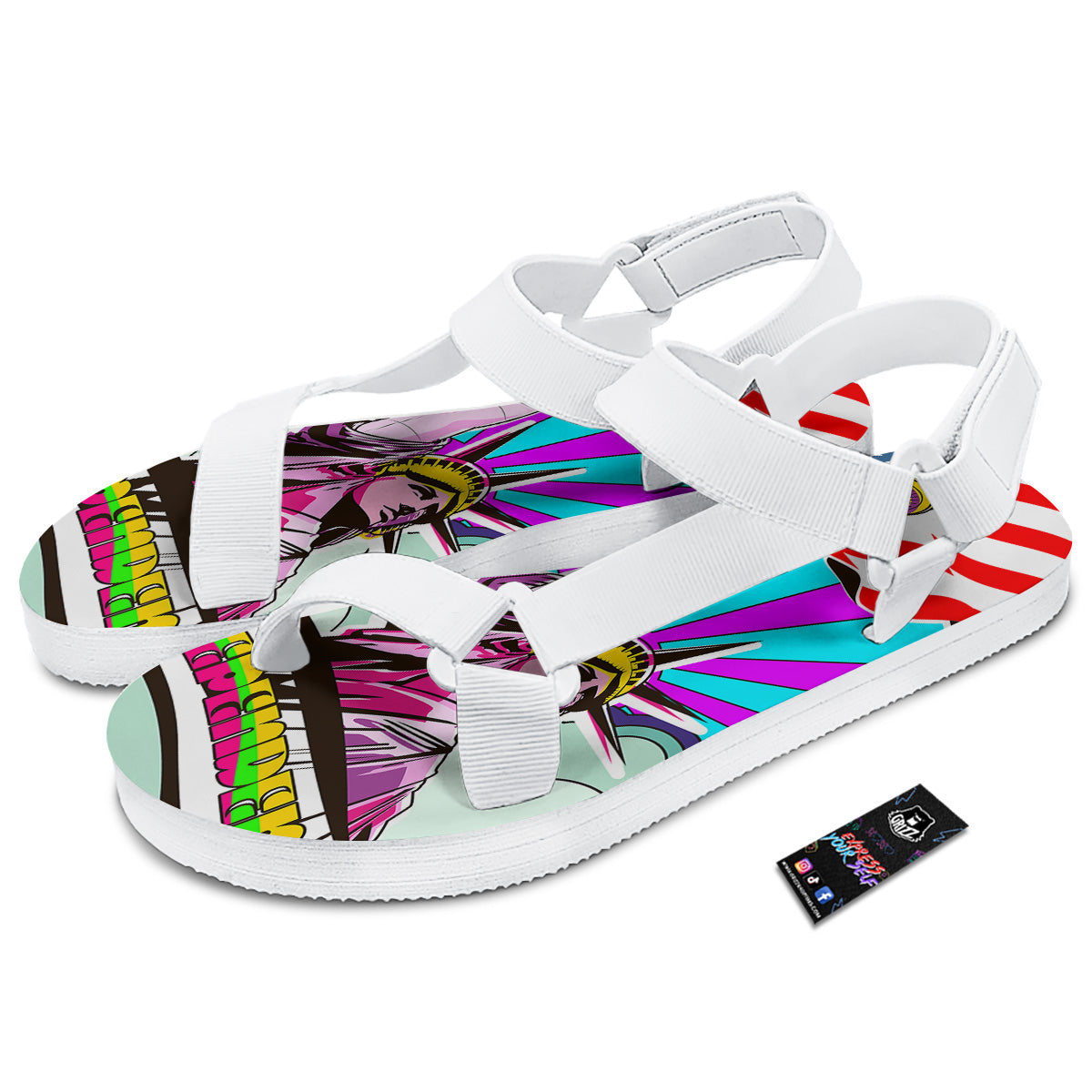 Psychedelic USA Statue of Liberty Independence Day Print White Open Toe Sandals-grizzshop