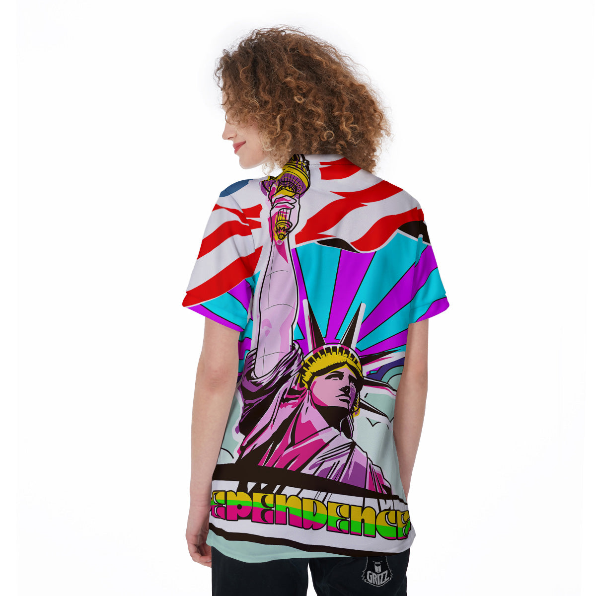 Psychedelic USA Statue of Liberty Independence Day Print Women's Golf Shirts-grizzshop