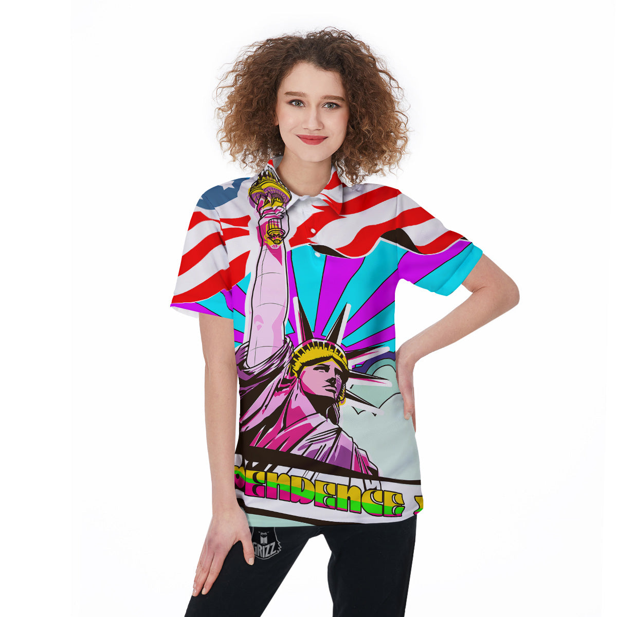 Psychedelic USA Statue of Liberty Independence Day Print Women's Golf Shirts-grizzshop