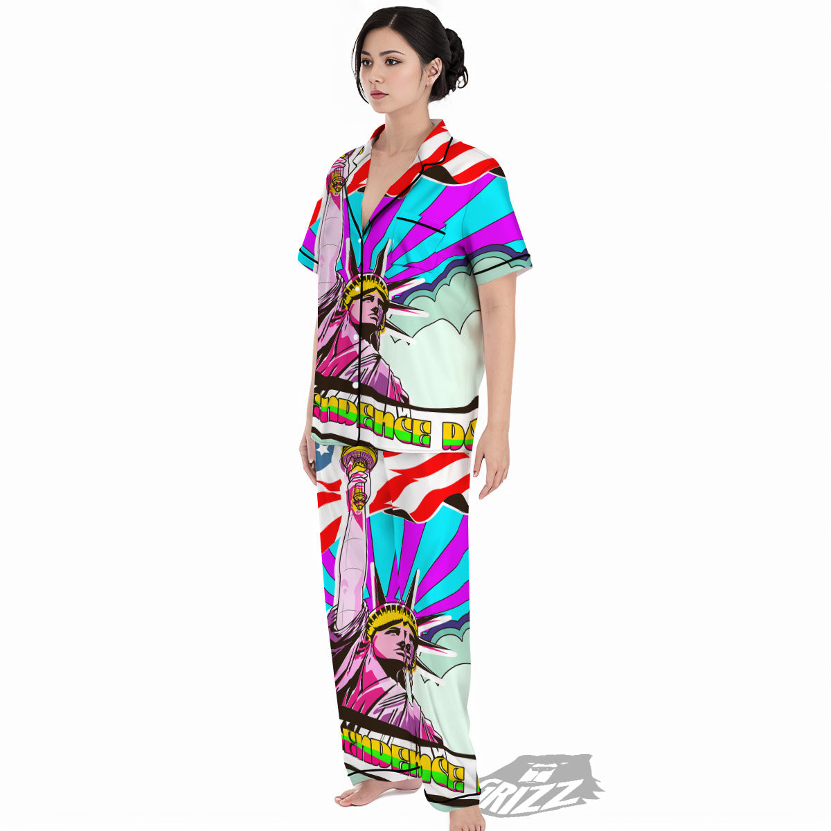 Psychedelic USA Statue of Liberty Independence Day Print Women's Pajamas Set-grizzshop