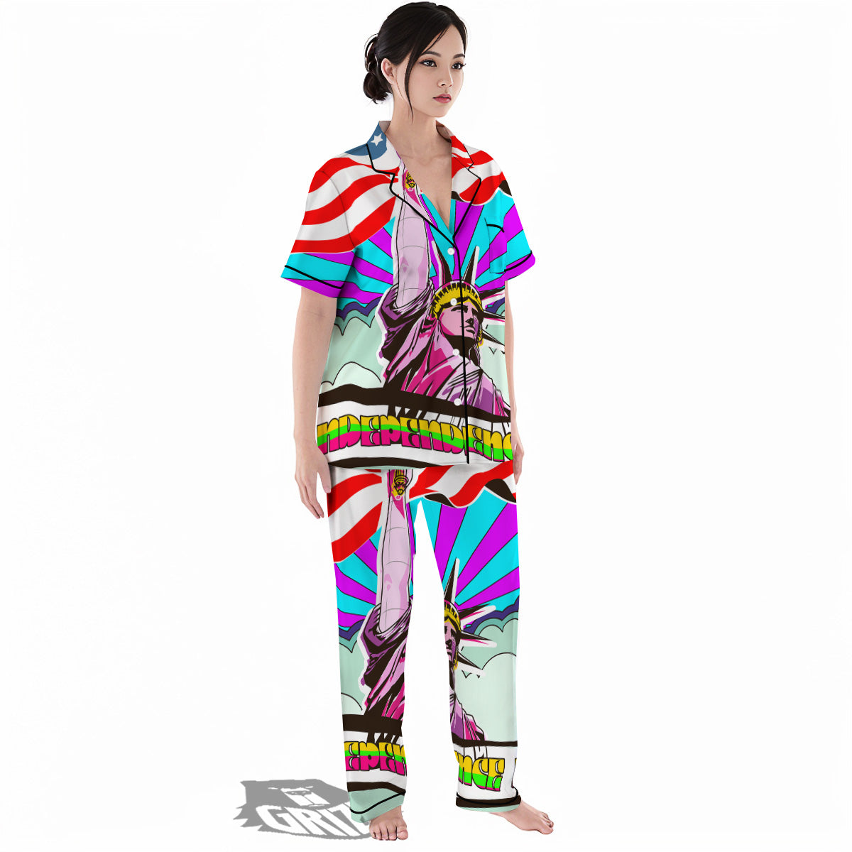 Psychedelic USA Statue of Liberty Independence Day Print Women's Pajamas Set-grizzshop