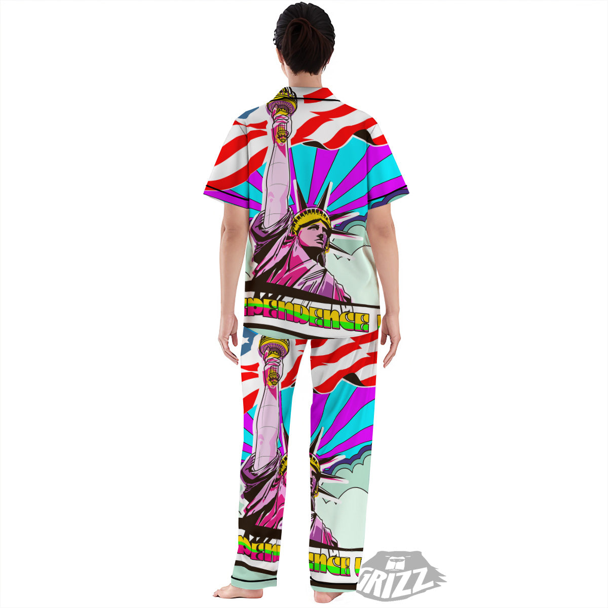 Psychedelic USA Statue of Liberty Independence Day Print Women's Pajamas Set-grizzshop