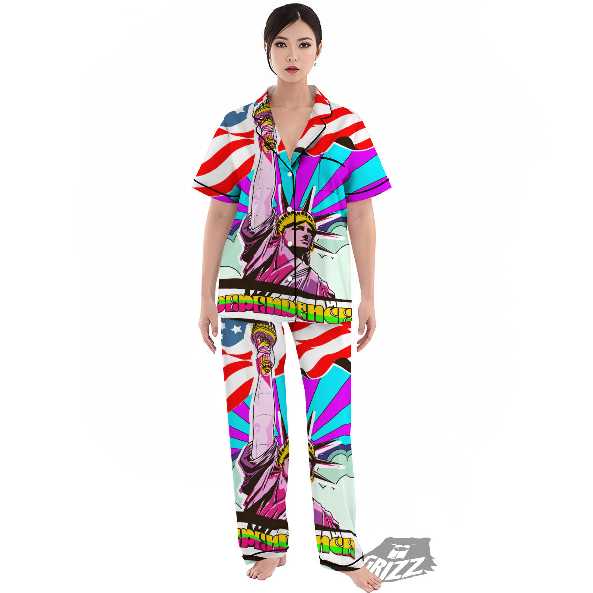 Psychedelic USA Statue of Liberty Independence Day Print Women's Pajamas Set-grizzshop