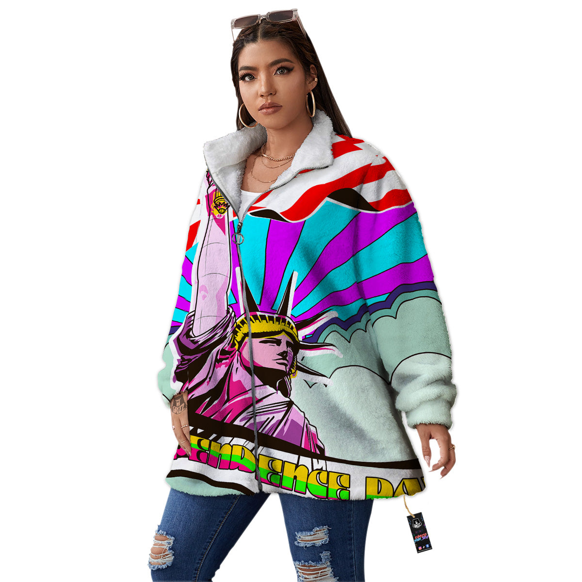 Psychedelic USA Statue of Liberty Independence Day Print Women's Sherpa Jacket-grizzshop