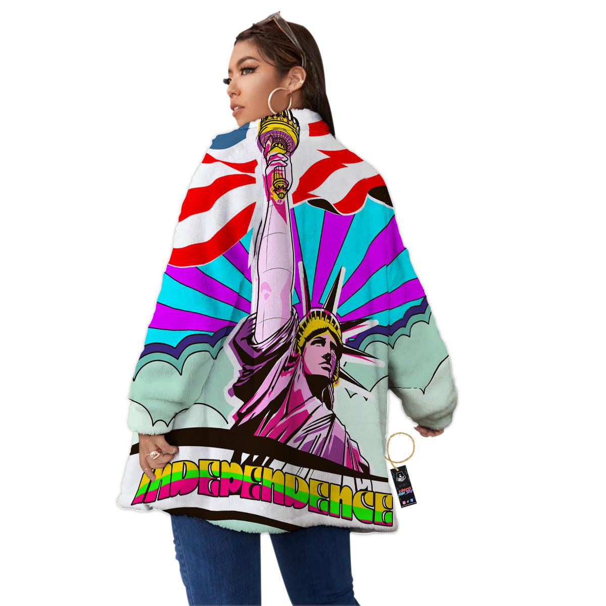 Psychedelic USA Statue of Liberty Independence Day Print Women's Sherpa Jacket-grizzshop