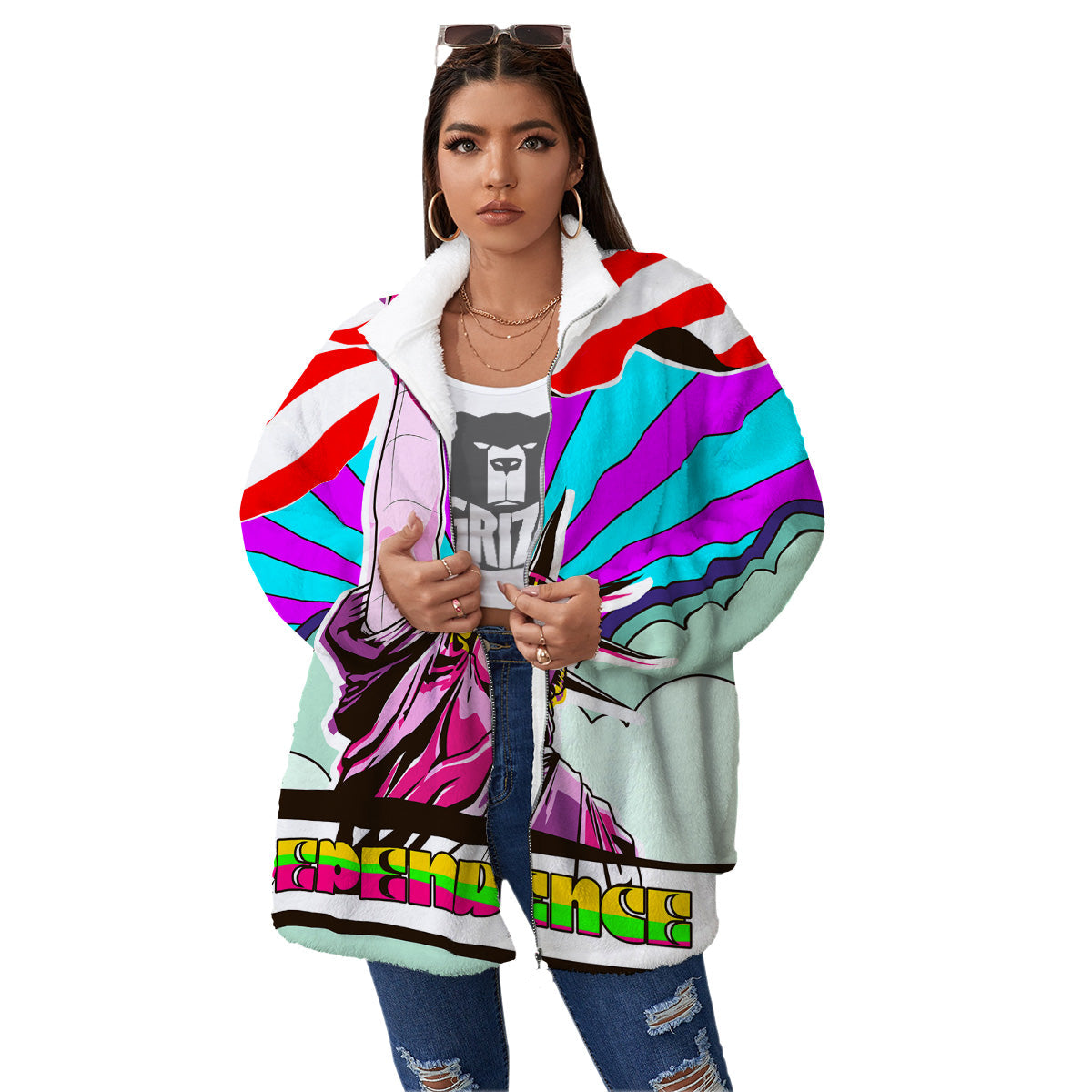 Psychedelic USA Statue of Liberty Independence Day Print Women's Sherpa Jacket-grizzshop