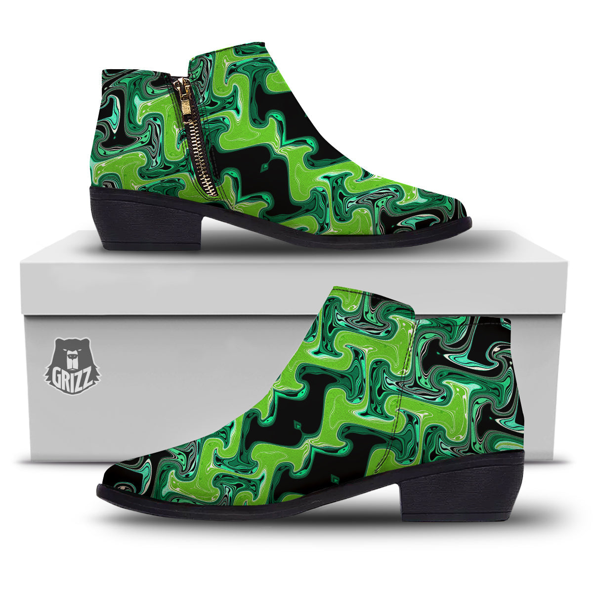 Psychedelic Wave Liquid Green Print Ankle Boots-grizzshop