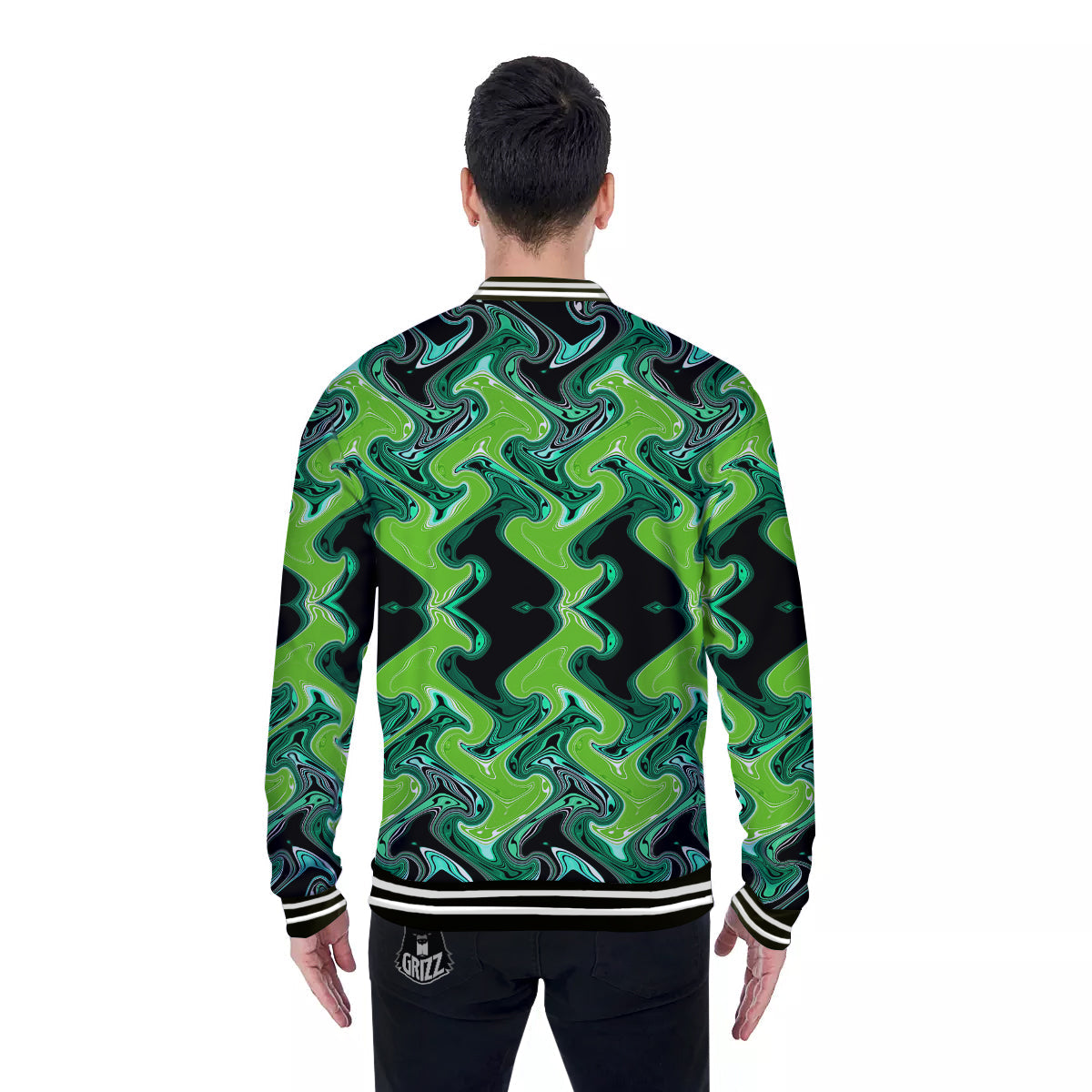 Psychedelic Wave Liquid Green Print Baseball Jacket-grizzshop