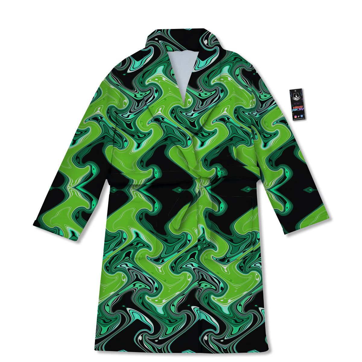 Psychedelic Wave Liquid Green Print Bathrobe-grizzshop