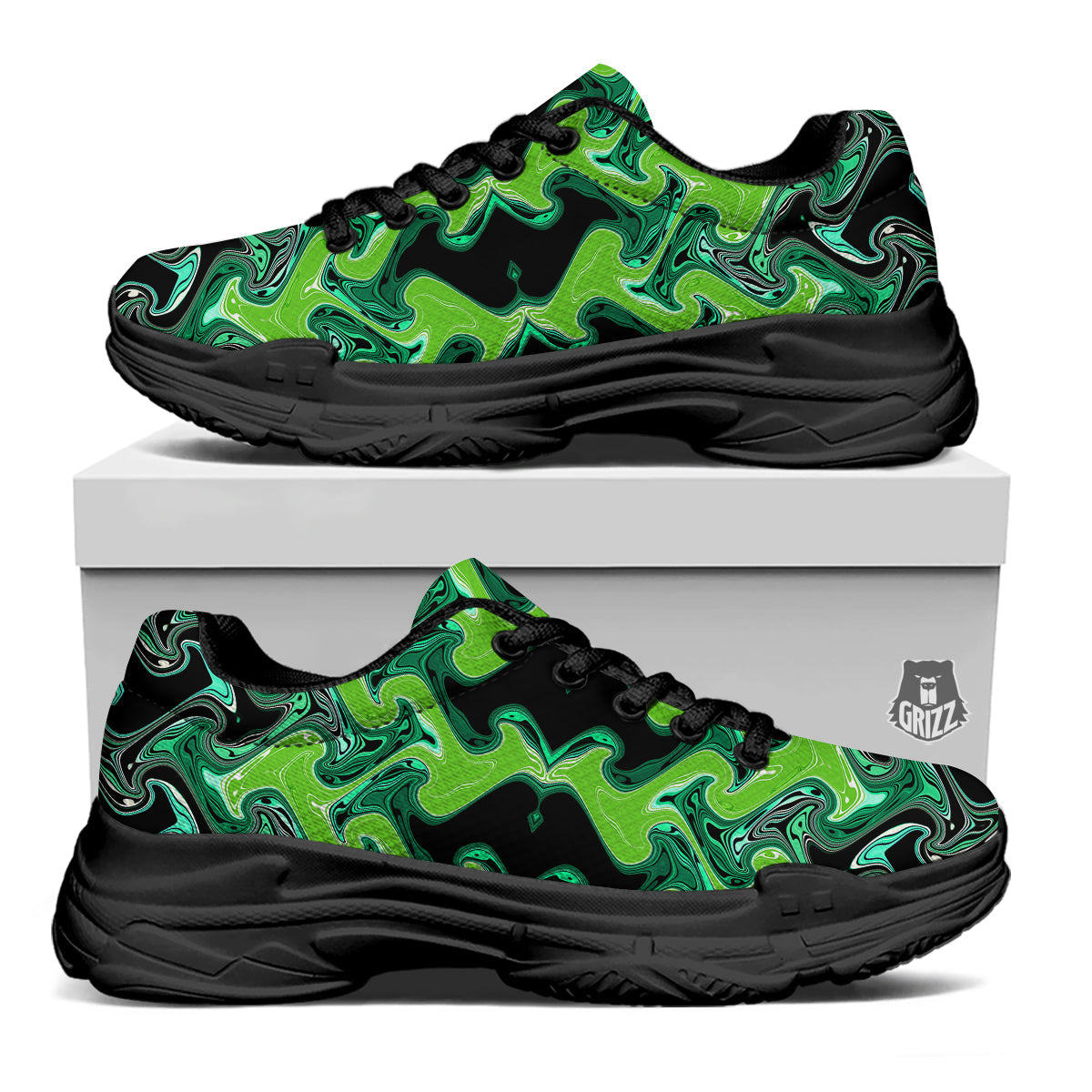 Psychedelic Wave Liquid Green Print Black Chunky Shoes-grizzshop