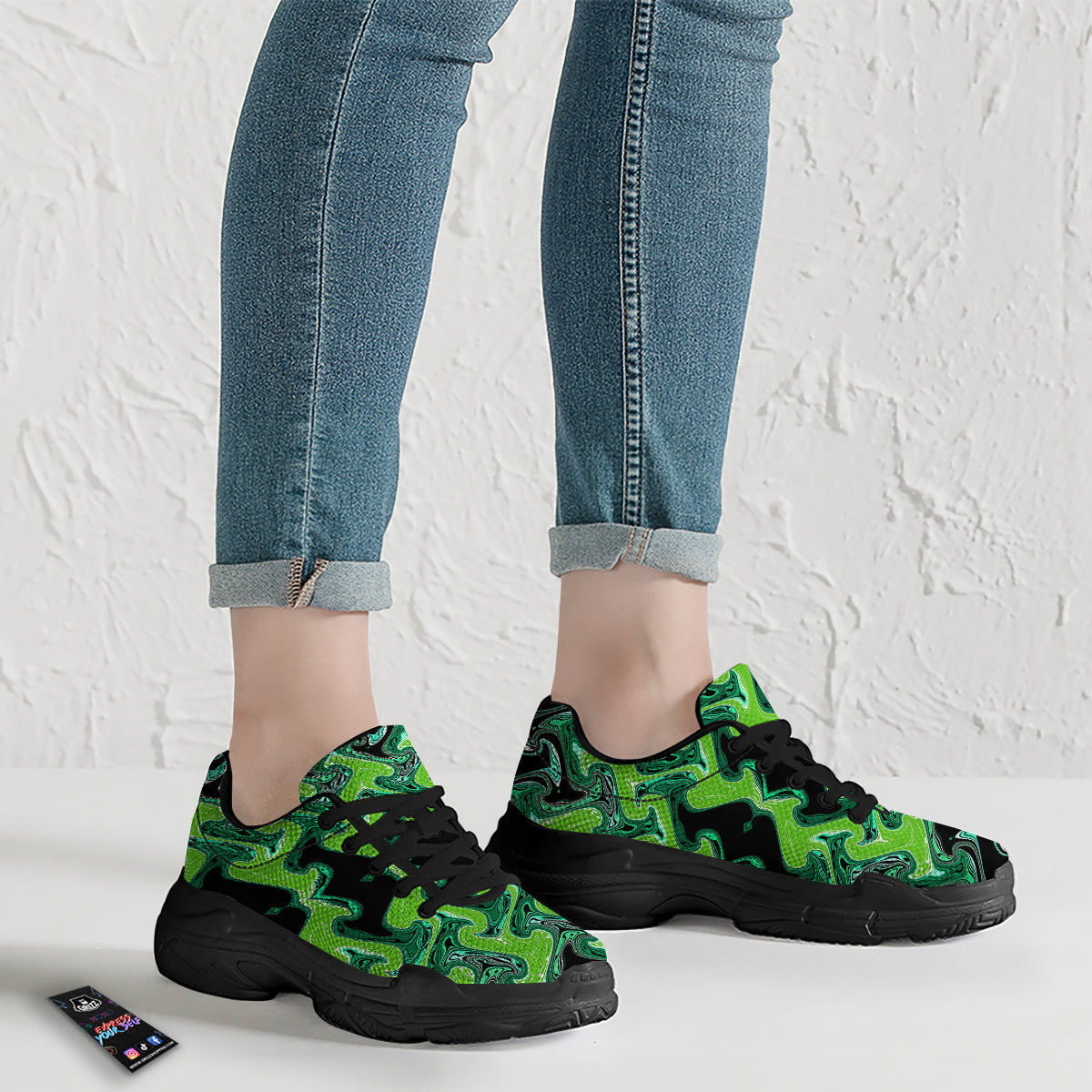 Psychedelic Wave Liquid Green Print Black Chunky Shoes-grizzshop