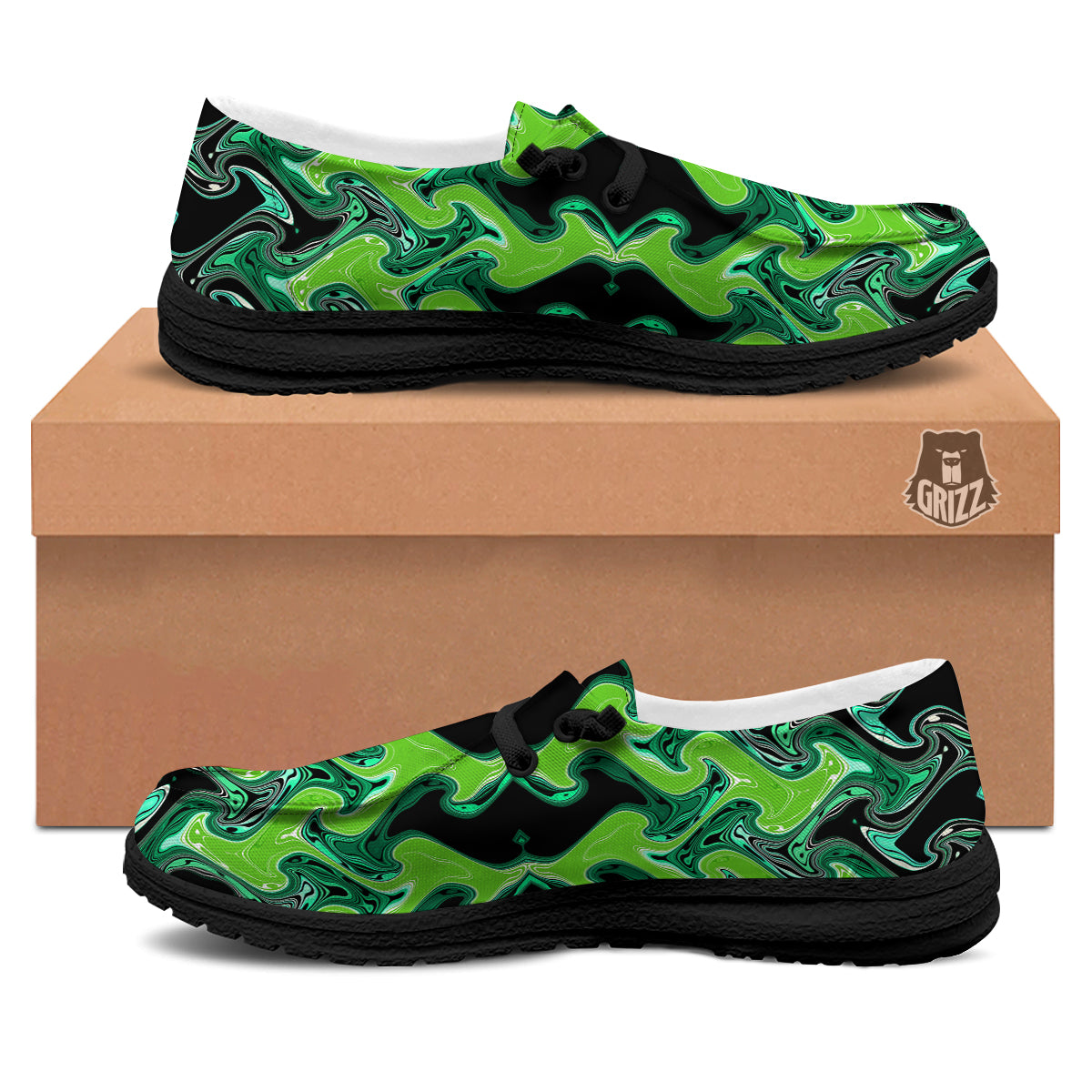 Psychedelic Wave Liquid Green Print Black Loafers-grizzshop