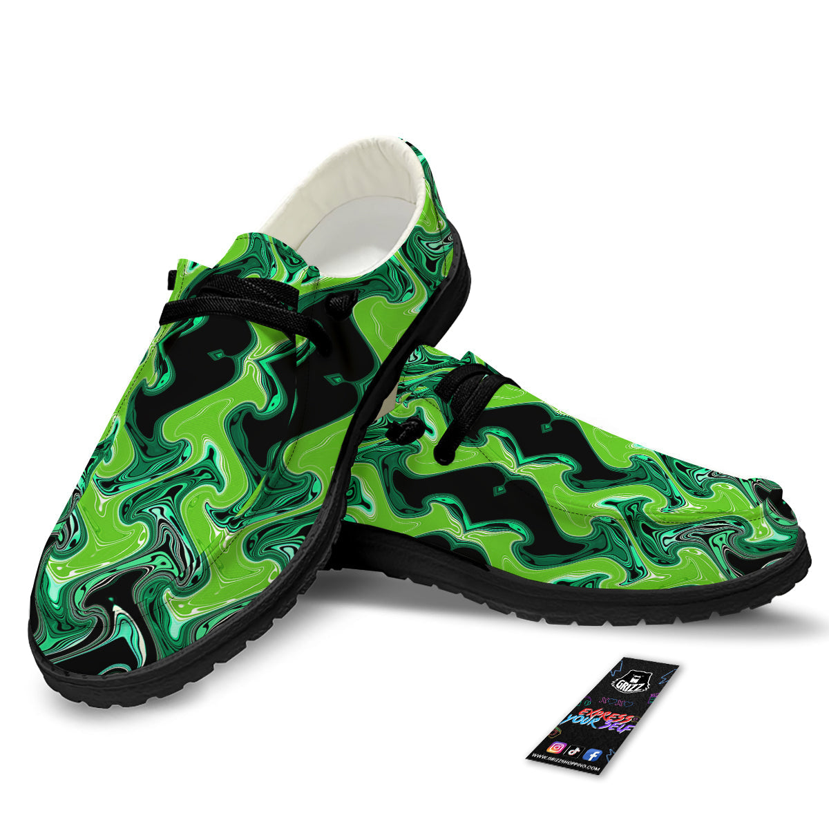 Psychedelic Wave Liquid Green Print Black Loafers-grizzshop