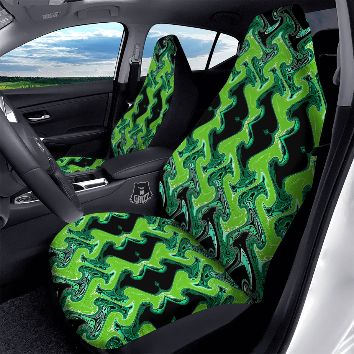 Psychedelic Wave Liquid Green Print Car Seat Covers-grizzshop