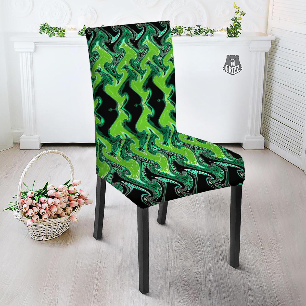Psychedelic Wave Liquid Green Print Dining Chair Slipcover-grizzshop