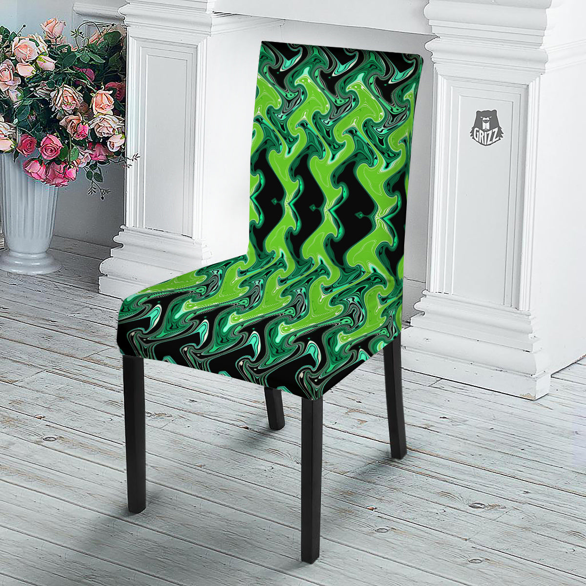 Psychedelic Wave Liquid Green Print Dining Chair Slipcover-grizzshop