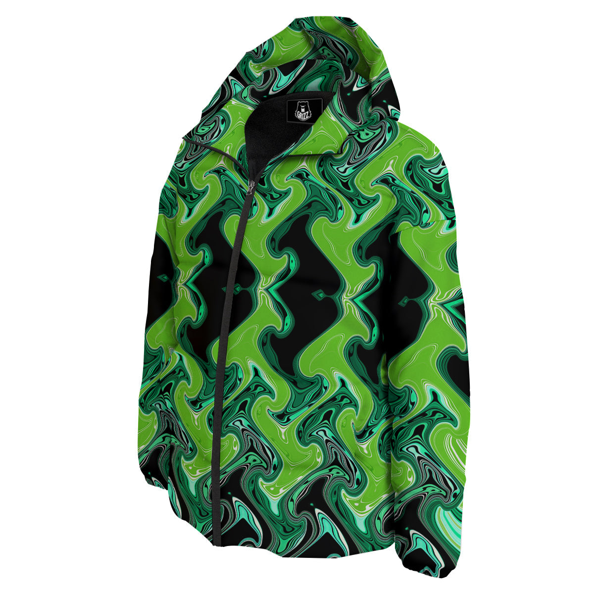 Psychedelic Wave Liquid Green Print Down Jacket-grizzshop