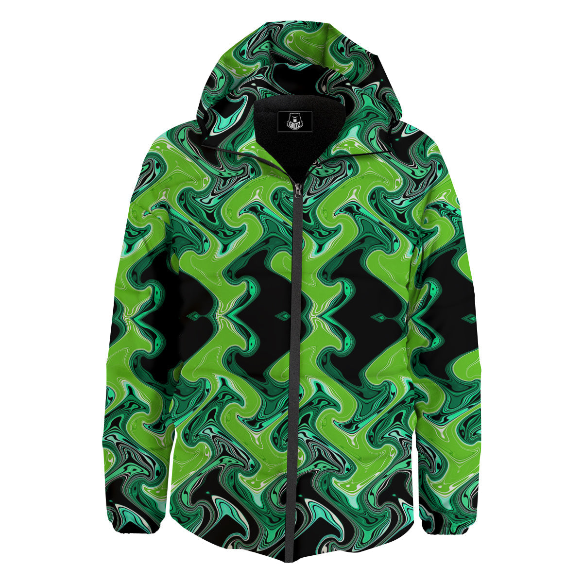 Psychedelic Wave Liquid Green Print Down Jacket-grizzshop