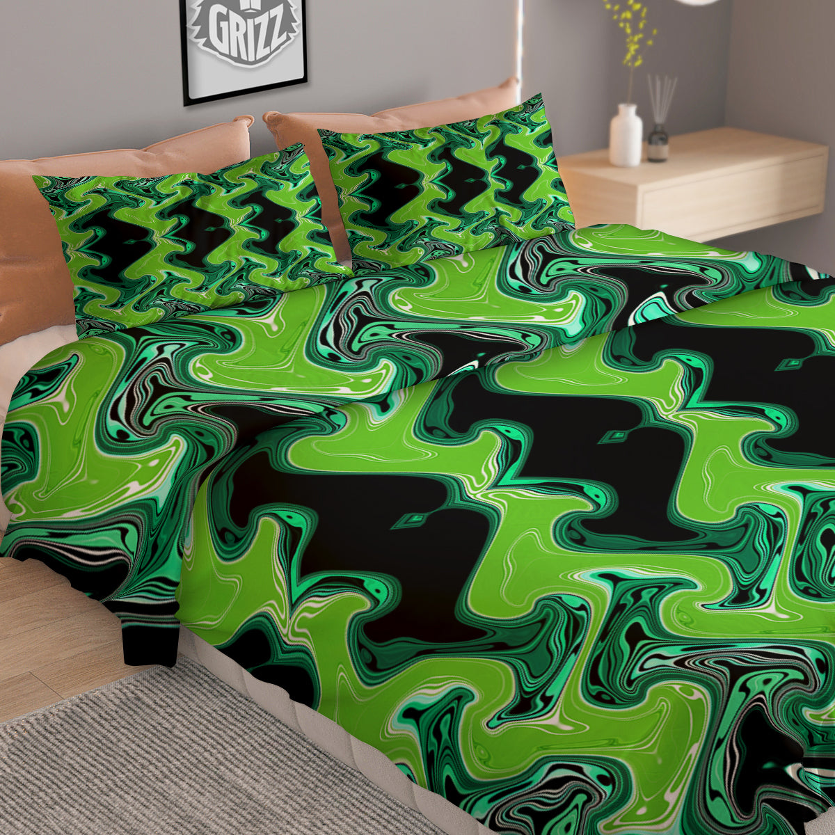 Psychedelic Wave Liquid Green Print Duvet Cover Bedding Set