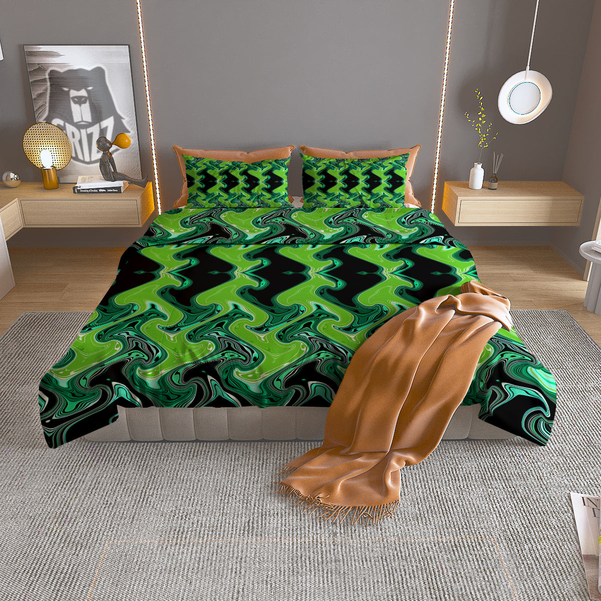 Psychedelic Wave Liquid Green Print Duvet Cover Bedding Set