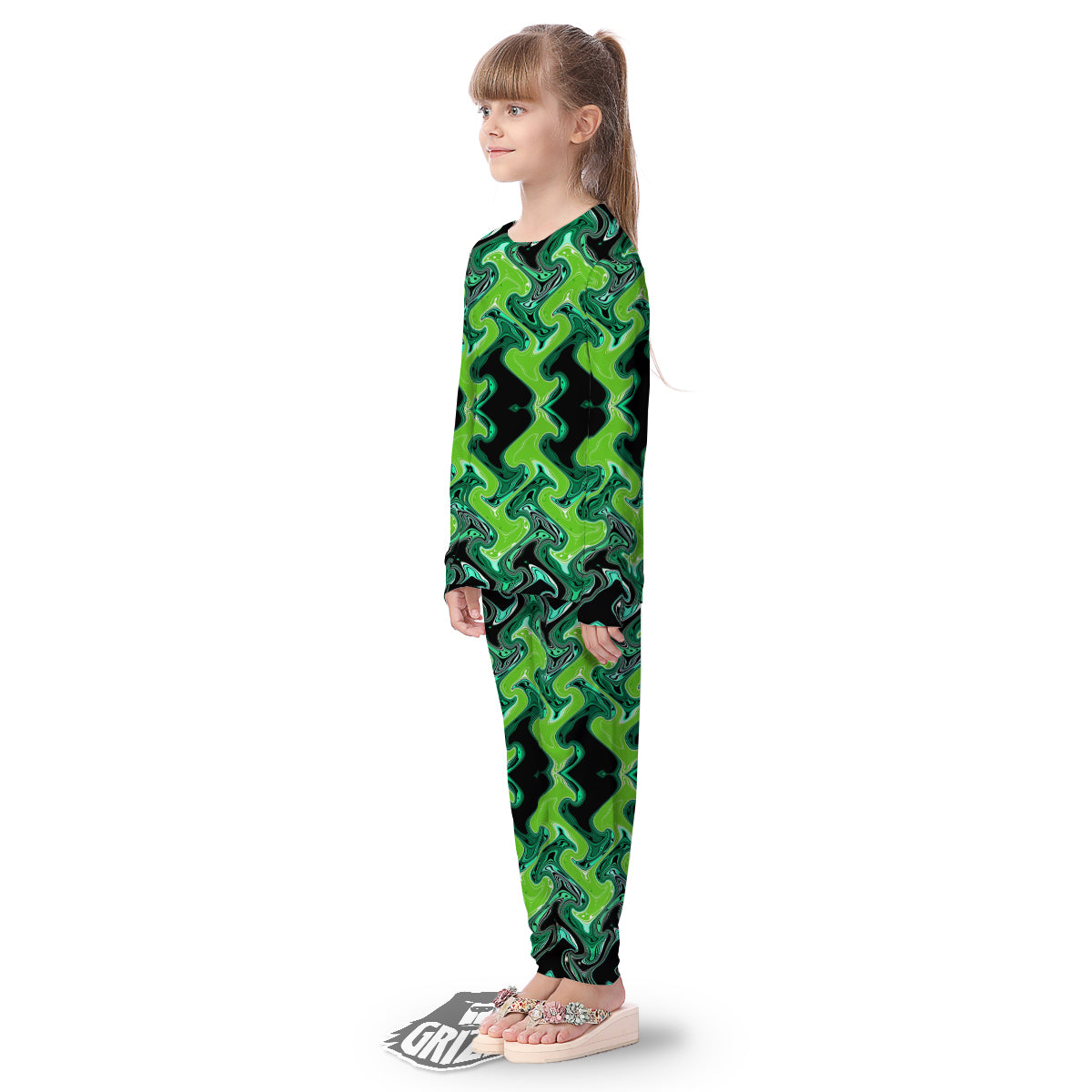 Psychedelic Wave Liquid Green Print Kid's Pajamas-grizzshop