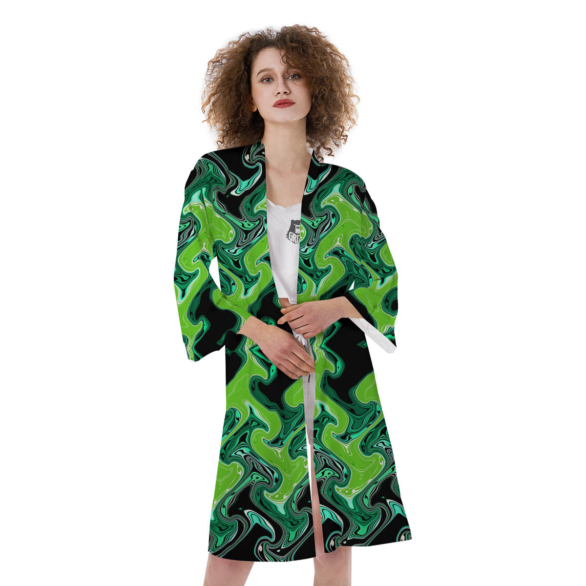 Psychedelic Wave Liquid Green Print Kimono-grizzshop