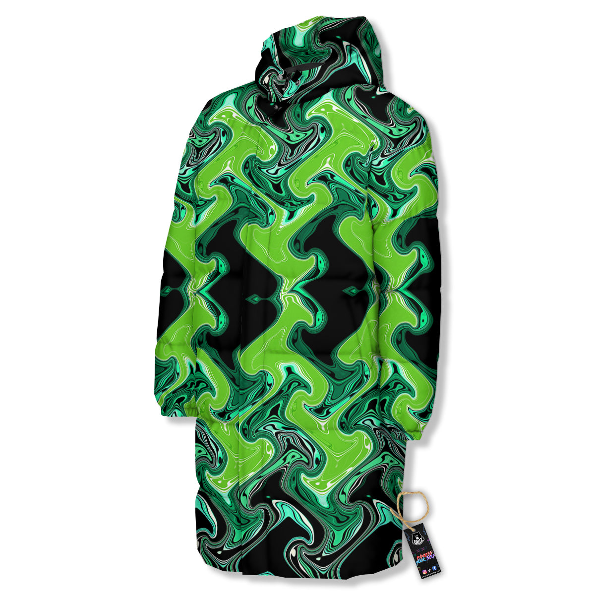Psychedelic Wave Liquid Green Print Long Down Jacket-grizzshop