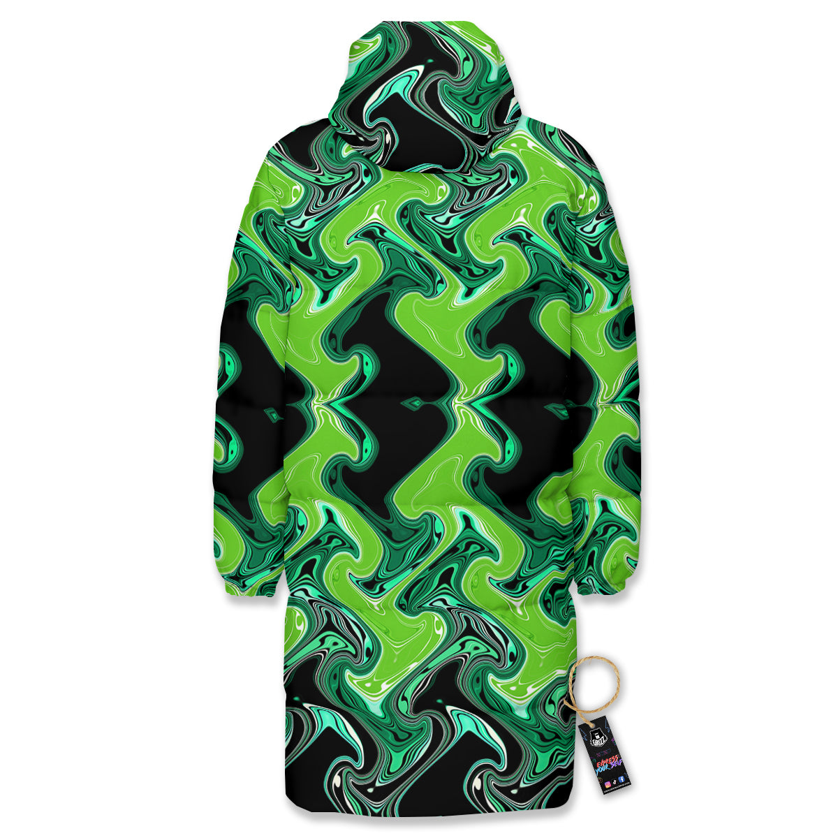 Psychedelic Wave Liquid Green Print Long Down Jacket-grizzshop