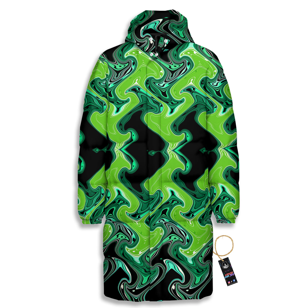 Psychedelic Wave Liquid Green Print Long Down Jacket-grizzshop