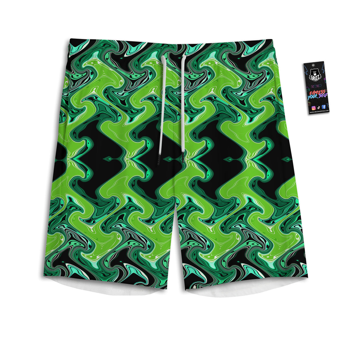 Psychedelic Wave Liquid Green Print Men's Athletic Shorts