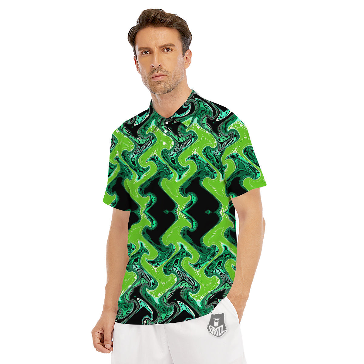 Psychedelic Wave Liquid Green Print Men's Golf Shirts-grizzshop