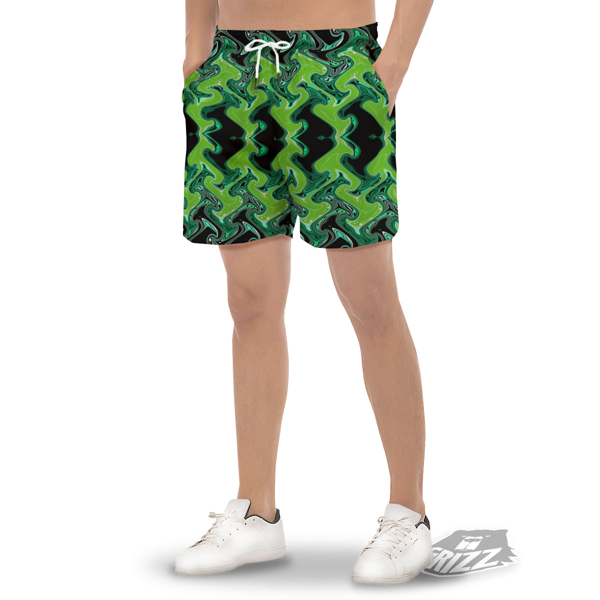 Psychedelic Wave Liquid Green Print Men's Gym Shorts-grizzshop
