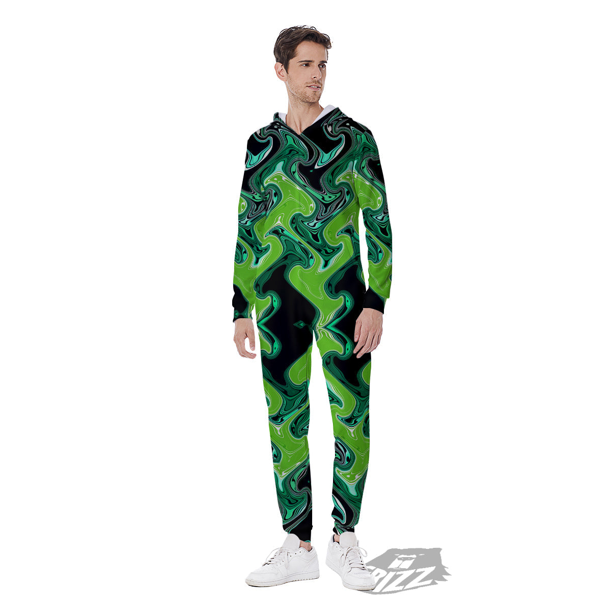 Psychedelic Wave Liquid Green Print Men's Jumpsuit-grizzshop