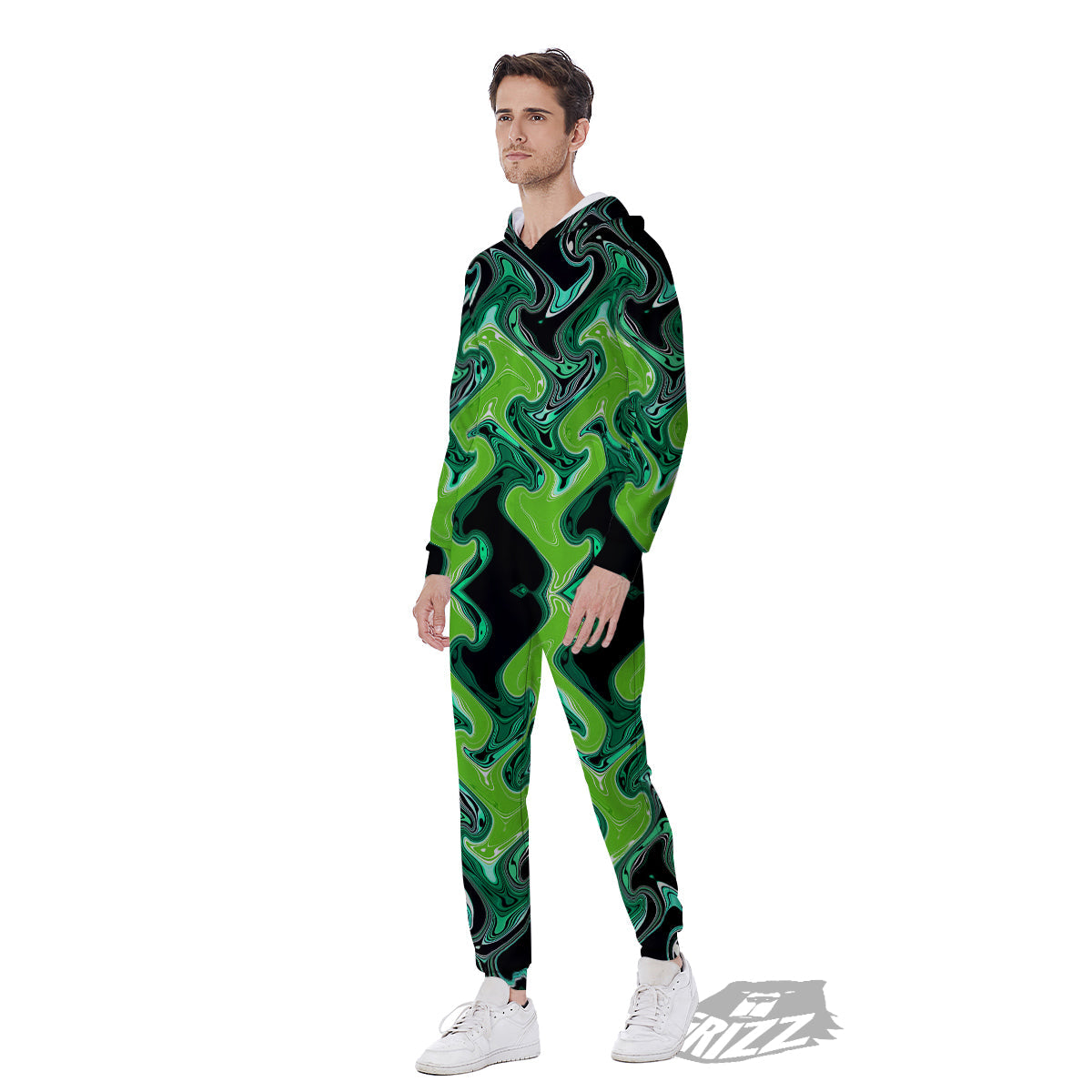 Psychedelic Wave Liquid Green Print Men's Jumpsuit-grizzshop