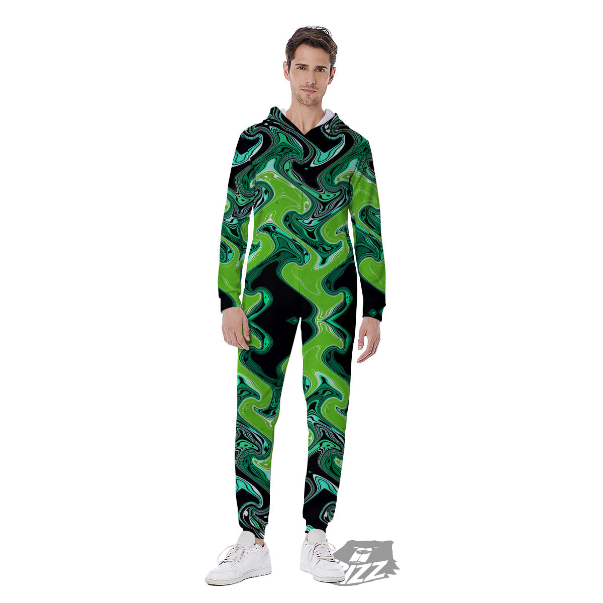 Psychedelic Wave Liquid Green Print Men's Jumpsuit-grizzshop