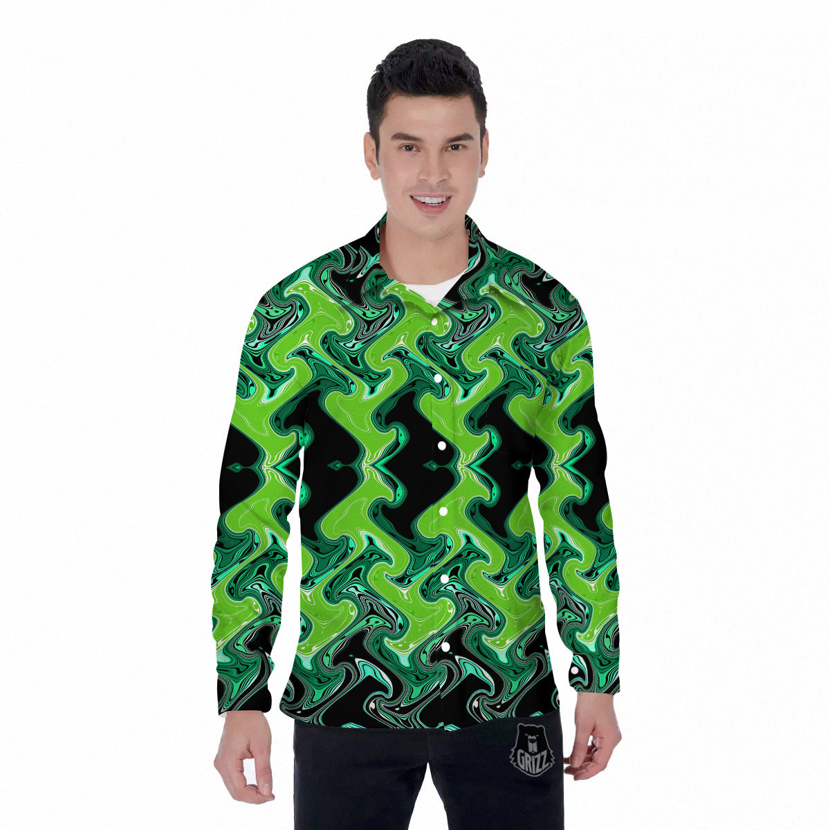 Psychedelic Wave Liquid Green Print Men's Long Sleeve Shirts-grizzshop
