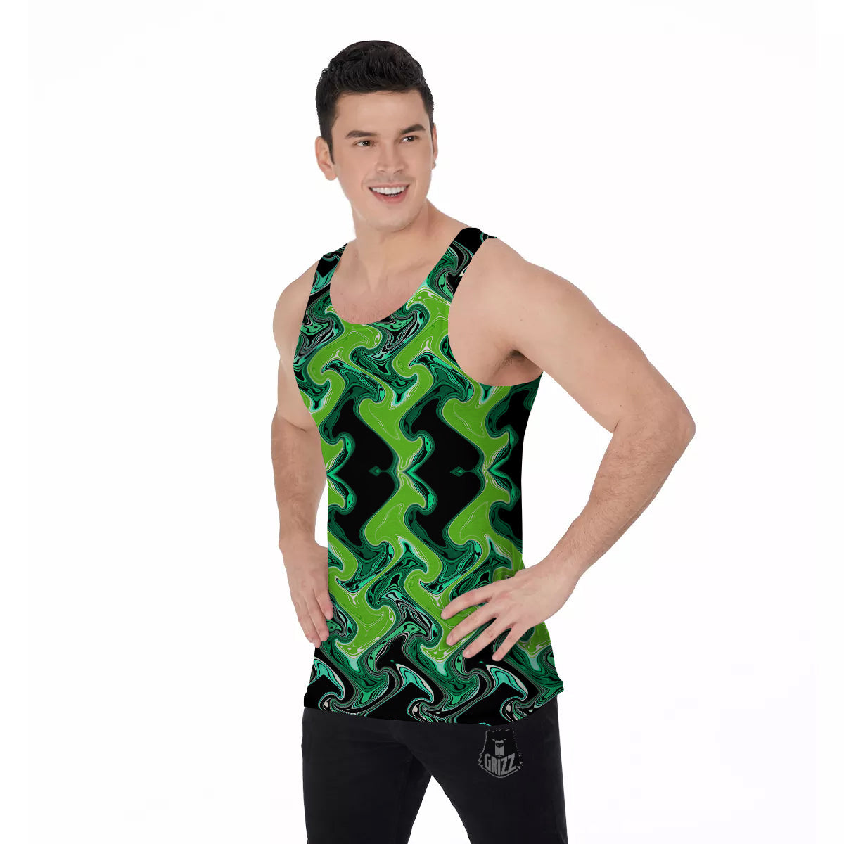 Psychedelic Wave Liquid Green Print Men's Tank Top-grizzshop