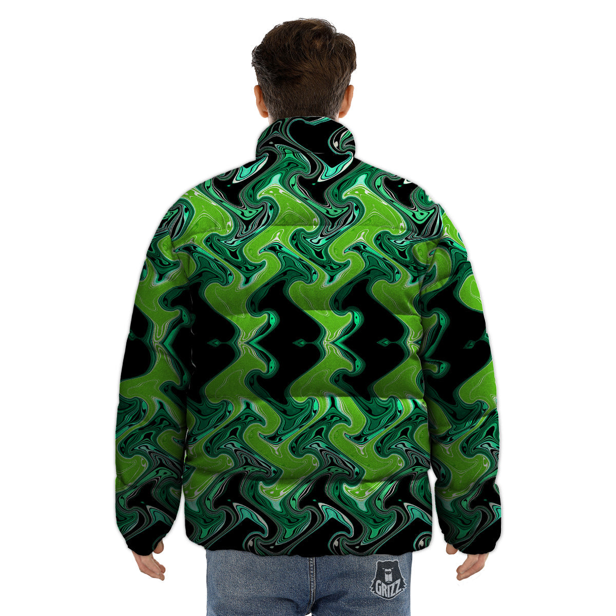 Psychedelic Wave Liquid Green Print Puffer Jacket-grizzshop