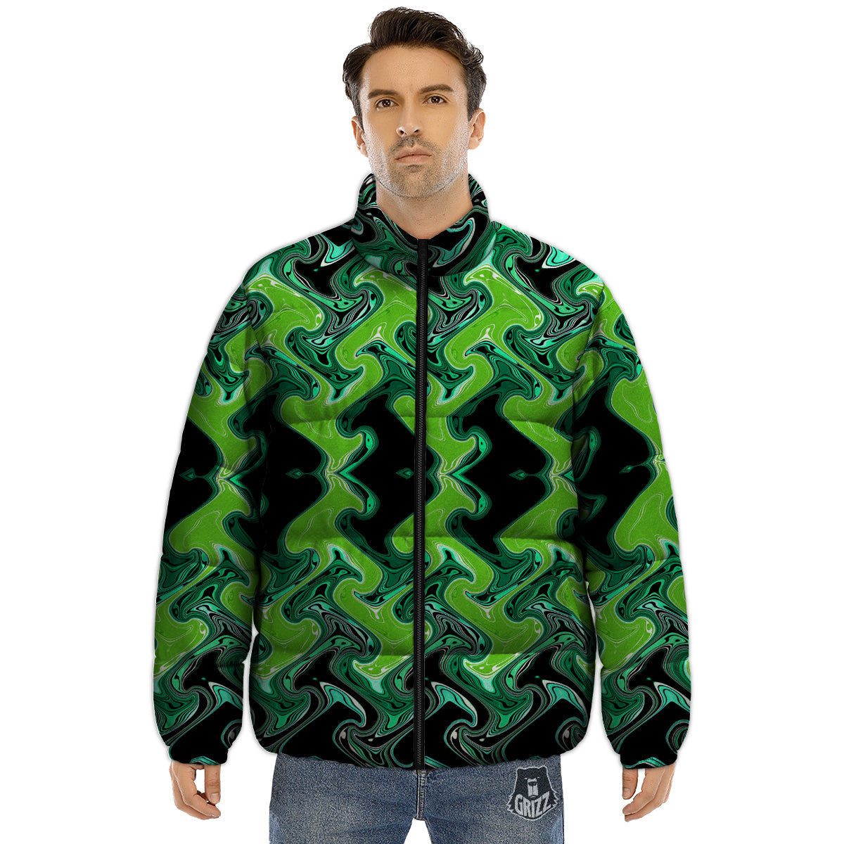 Psychedelic Wave Liquid Green Print Puffer Jacket-grizzshop