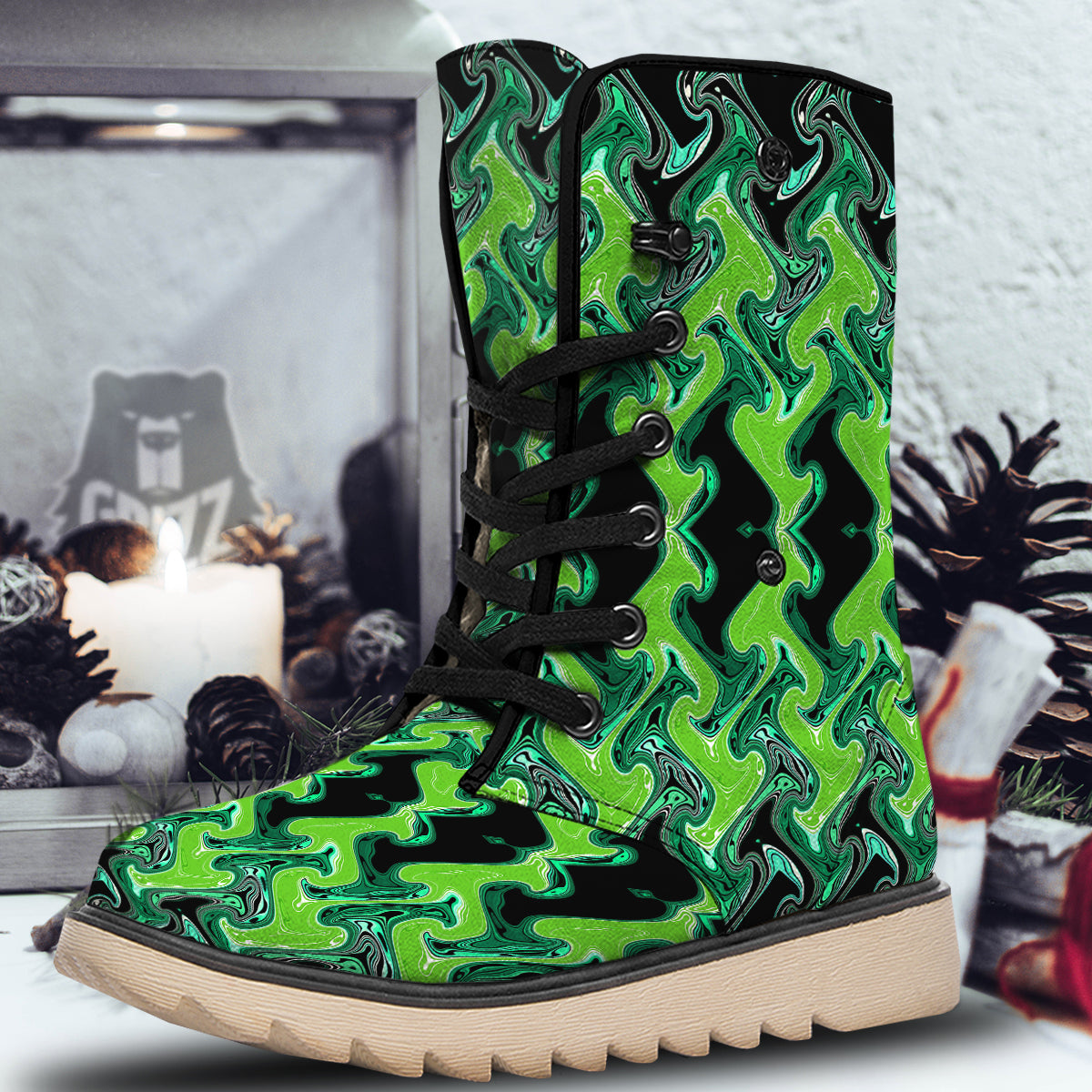 Psychedelic Wave Liquid Green Print Snow Boots-grizzshop