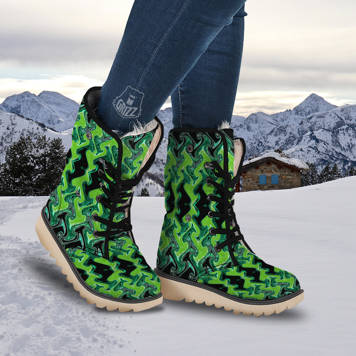 Psychedelic Wave Liquid Green Print Snow Boots-grizzshop
