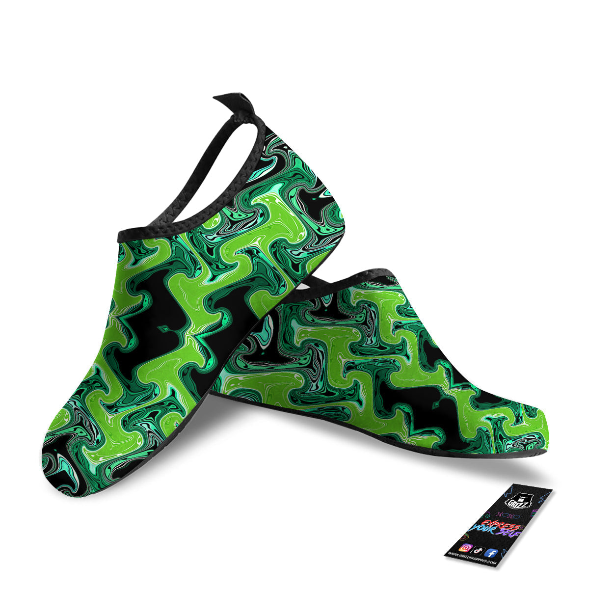Psychedelic Wave Liquid Green Print Water Shoes-grizzshop