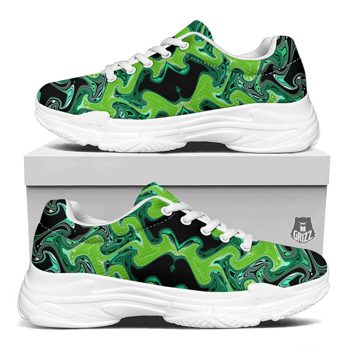 Psychedelic Wave Liquid Green Print White Chunky Shoes-grizzshop
