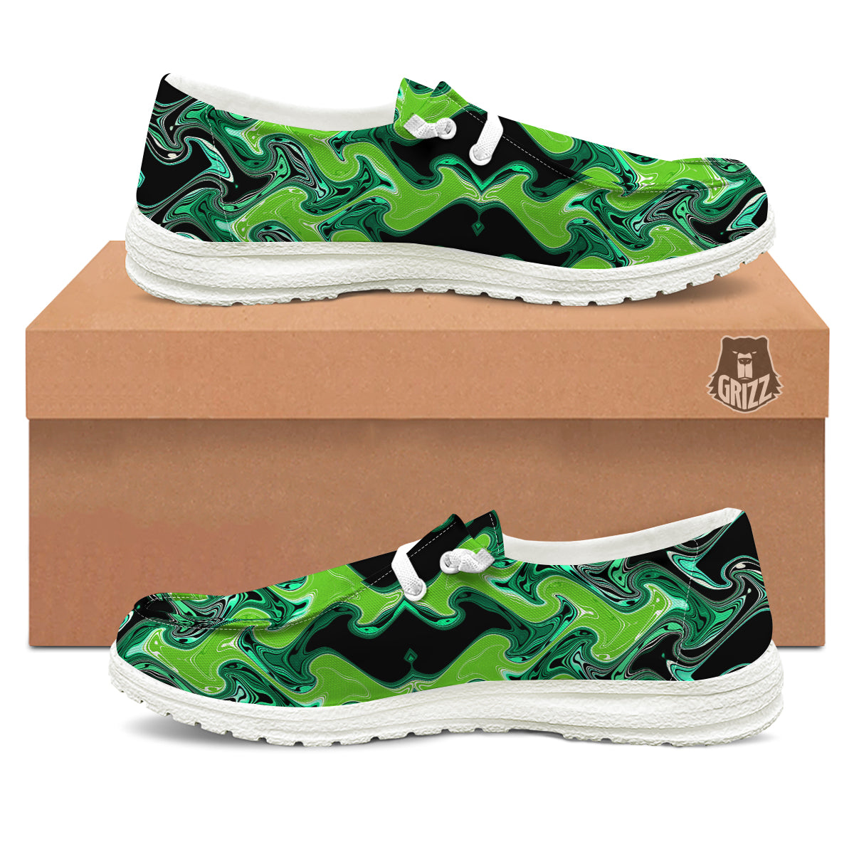 Psychedelic Wave Liquid Green Print White Loafers-grizzshop