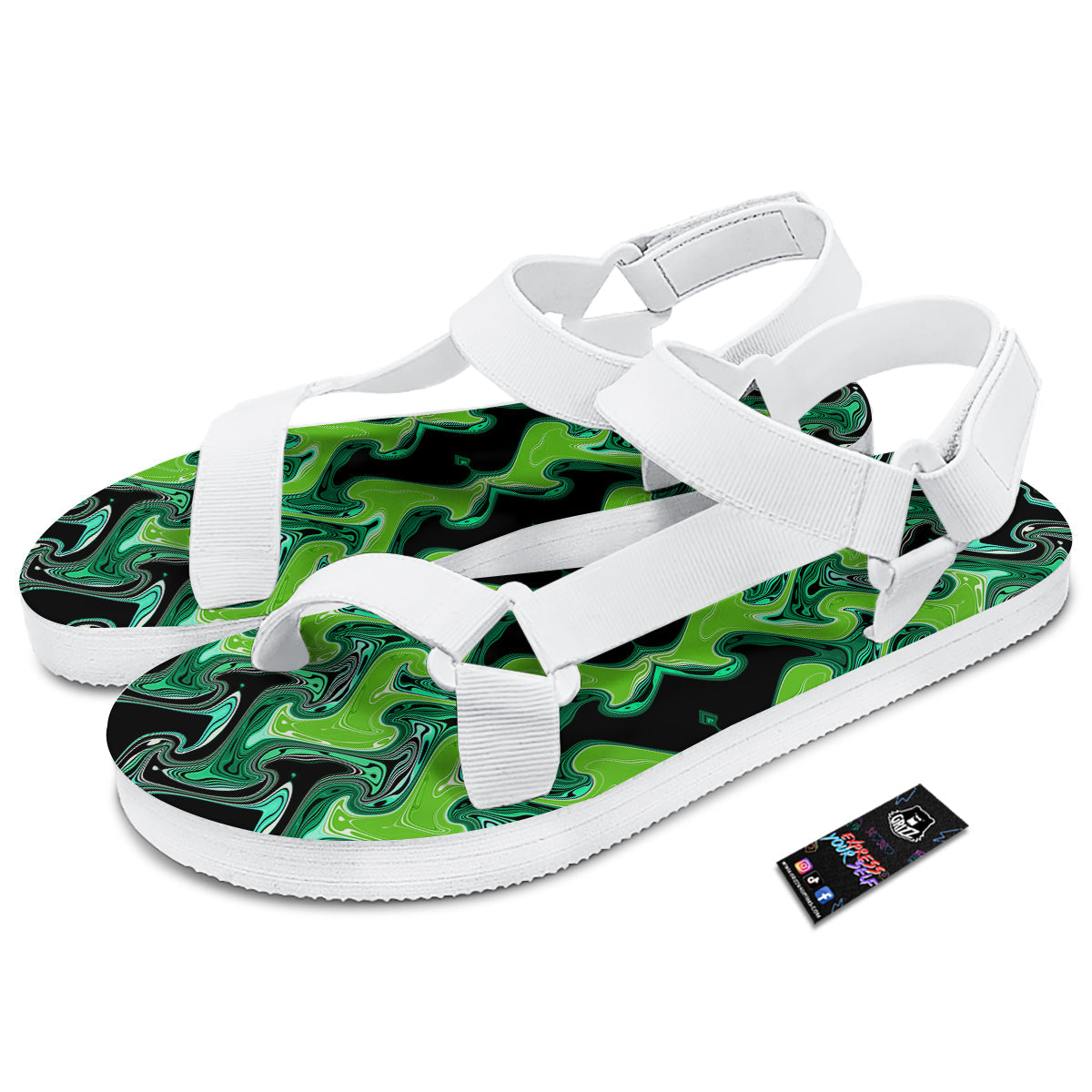 Psychedelic Wave Liquid Green Print White Open Toe Sandals-grizzshop