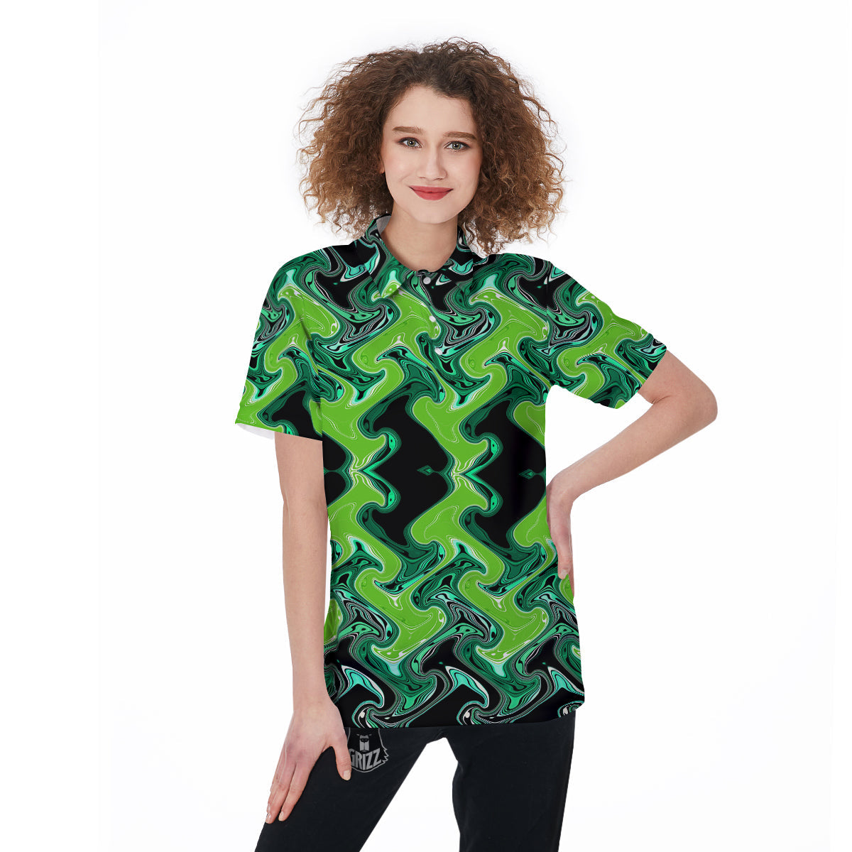 Psychedelic Wave Liquid Green Print Women's Golf Shirts-grizzshop