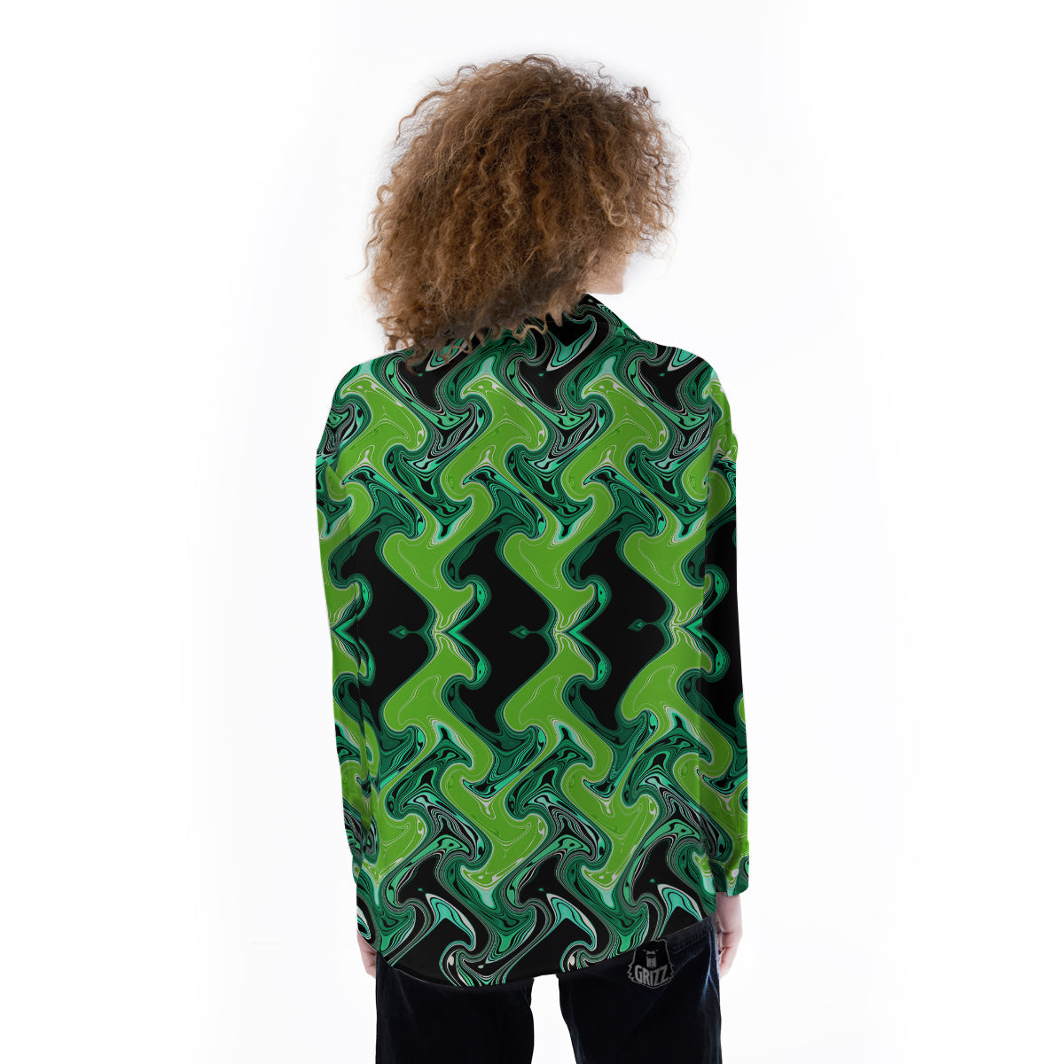 Psychedelic Wave Liquid Green Print Women's Long Sleeve Shirts-grizzshop