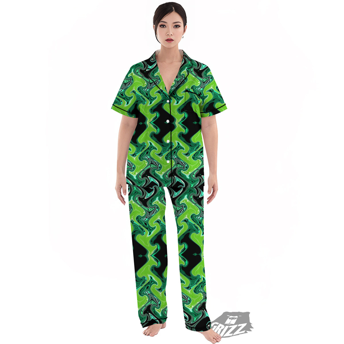 Psychedelic Wave Liquid Green Print Women's Pajamas Set-grizzshop